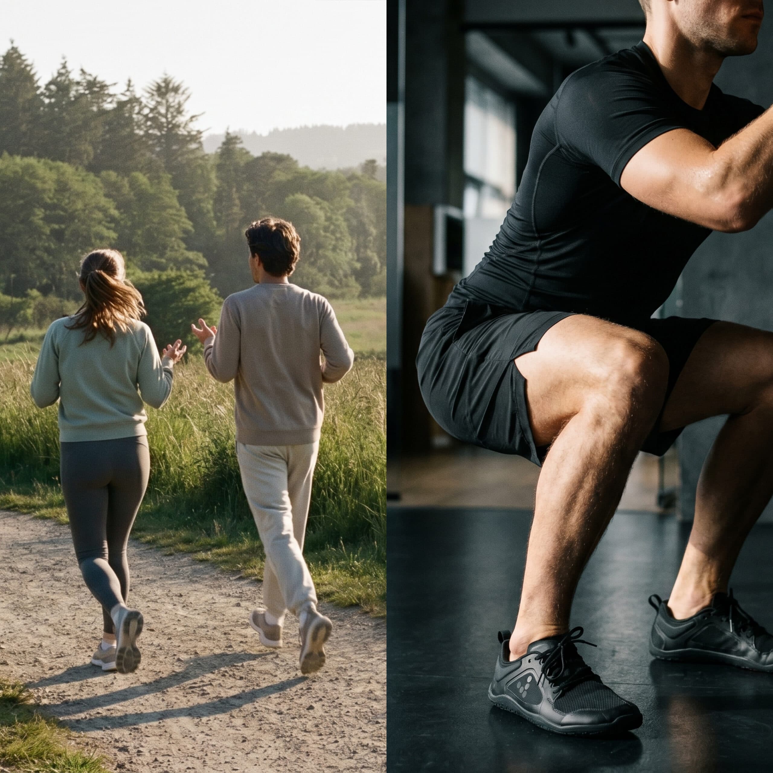 a couple running outdoors next to man in gym performing a squat